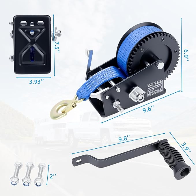 3500LBS Heavy Duty Boat Trailer Winch with 32FT Strap, 2-Way Ratchet, 4:1/8:1 Gear Trailer Winch, Portable Hand Crank for Boat, Truck, Trailer, RV, ATV, Jet Ski