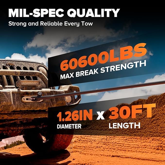 Kinetic Recovery Rope,1.26" x30ft Heavy Duty Offroad Tow Rope/60600 lbs Snatch Strap with Soft Shackles, 100% Nylon Offroad Towing Straps Kit for Truck ATV UTV SUV Jeep Car Tractor - Black