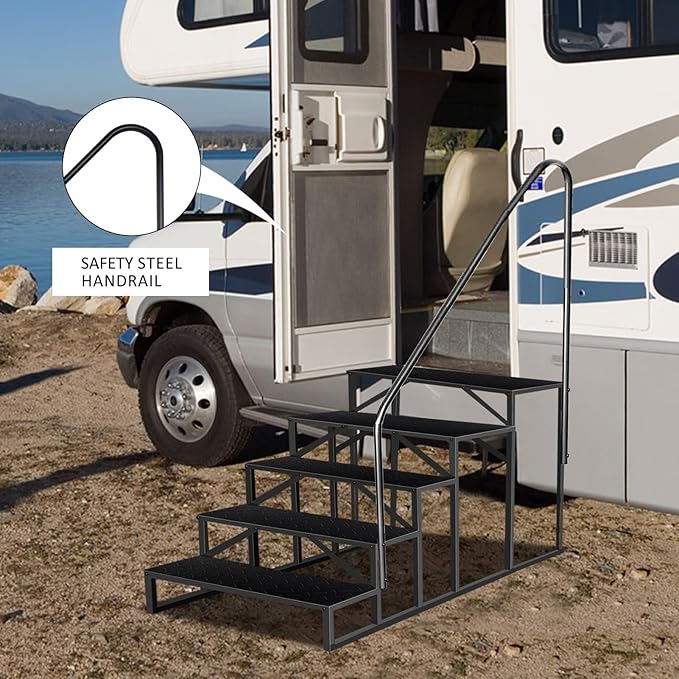 RV Steps with Handrail, 5 Step RV Stairs 660 lbs Load Capacity, Step Ladder with Anti-Slip Panel, Mobile Home Stairs for Travel Trailers