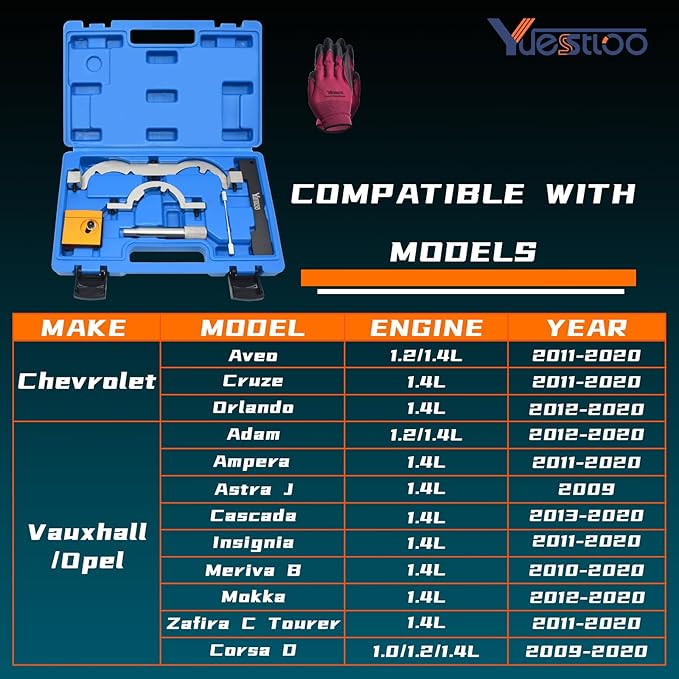 Turbo Engine Timing Tool Kit for Vauxhall Opel Chevy Chevrolet Aveo Cruze Orlando Adam Ampera Astra J Cascada 1.0 1.2 1.4 L, Camshaft Holding Locking Tool Set with Case & Gloves
