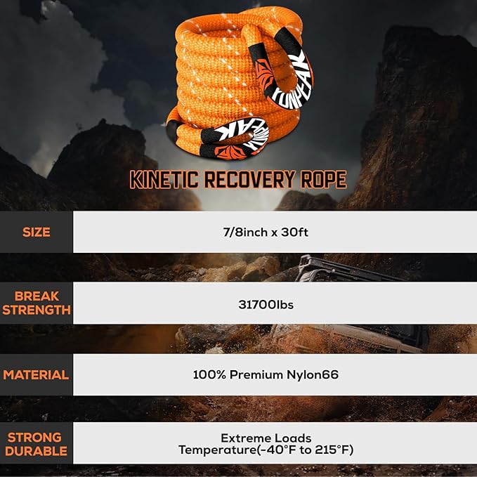 7/8" x 30ft Heavy-Duty Kinetic Recovery Rope – 31,700lbs Break Strength – Ideal for Trucks, SUVs, Jeeps, UTVs, ATVs & Tractors (Orange)