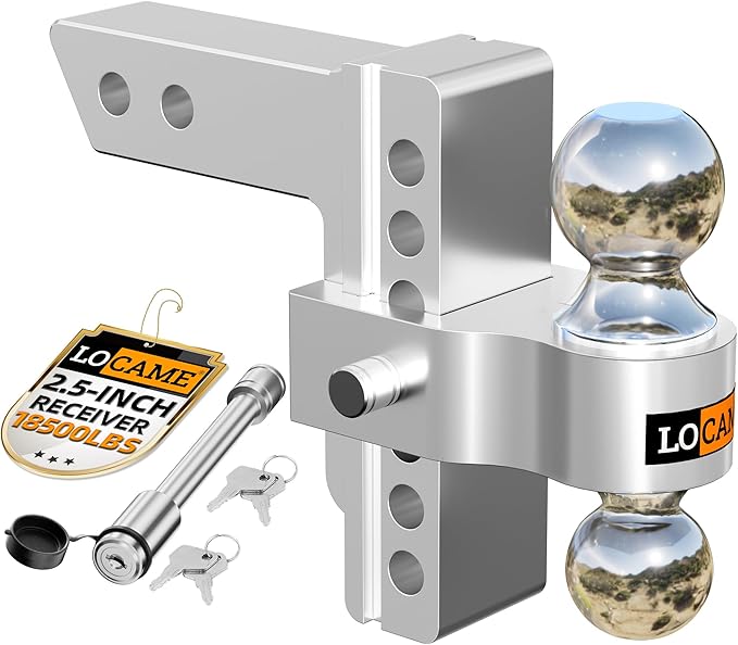 LOCAME Adjustable Trailer Hitch, Fits 2.5-Inch Receiver, 6-Inch Drop/Rise Aluminum Drop Hitch,18,500 LBS GTW-Tow Hitch for Heavy Duty Truck with Double Stainless Steel Locks, LC0026