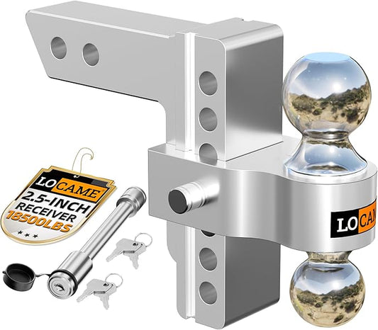 LOCAME Adjustable Trailer Hitch, Fits 2.5-Inch Receiver, 6-Inch Drop/Rise Aluminum Drop Hitch,18,500 LBS GTW-Tow Hitch for Heavy Duty Truck with Double Stainless Steel Locks, LC0026