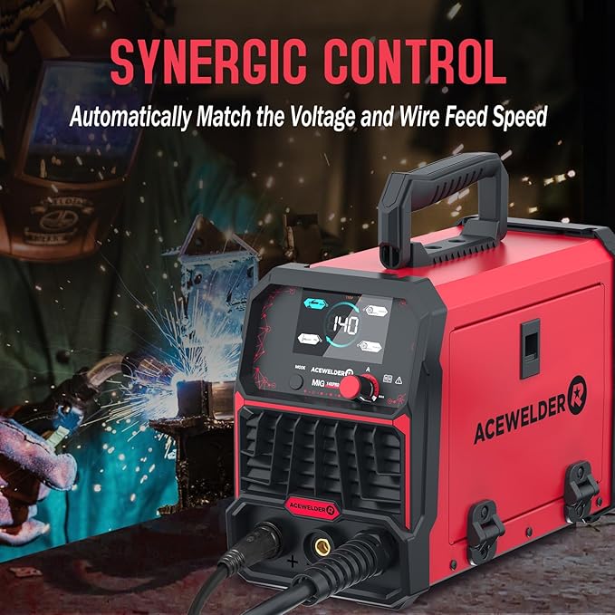 140A MIG Welder, 3 in 1 Flux Core, MIG/LIFT TIG/Stick Welding Machine 110V Portable IGBT Inverter Synergic Control, LED Display with Welding Helmet