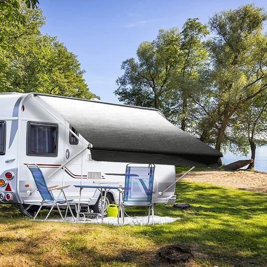 Suncode RV Awning Fabric Replacement Waterpoof Universal Outdoors Canopy for Camper,Trailer,and Motorhome Awning Replacement Premium Grade Vinyl RV Canopy Replacement 19'(Fabric 20'2") Charcoal Fade