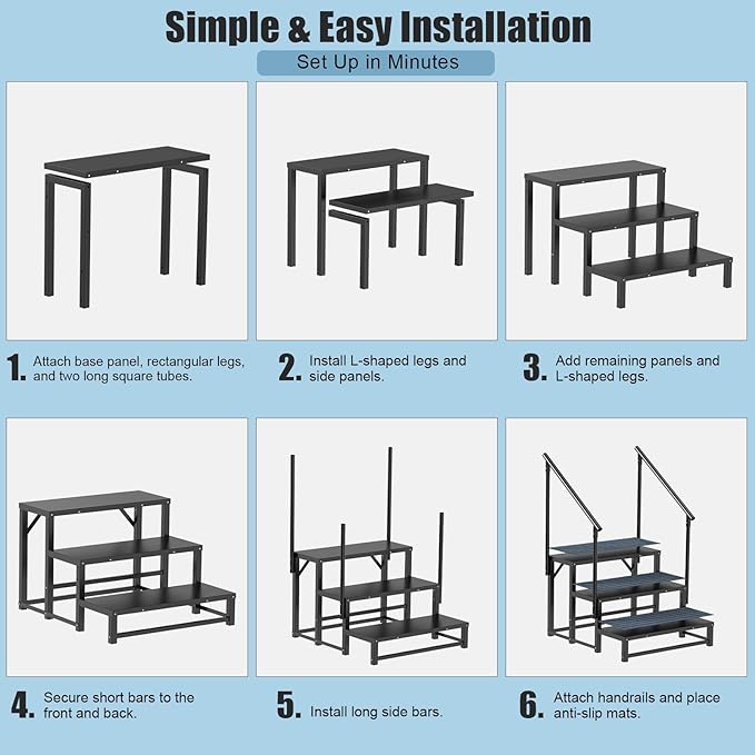 RV Steps with 2 Handrail, 3-Step Heavy Duty Hot Tub Steps, Non-Slip Outdoor Spa Steps for RV, Camper, Trailer, Mobile Home, Porch, Portable Ladder Stairs with Anti-Slip Mats (3 Steps with 2 Handrail)