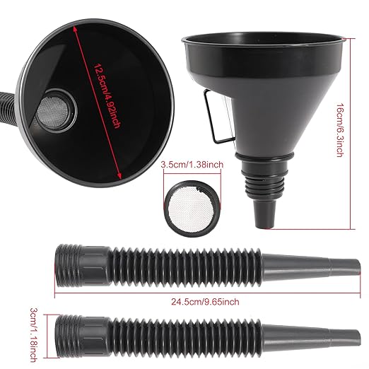 Large Plastic Automotive Funnels Wide Mouth Oil Funnel with Flexible Extension Nozzle Hose Car Fuel Funnel with Handle Mesh Screen for Cars Engine RV Water Gas Transmission Liquid（Black） (2)