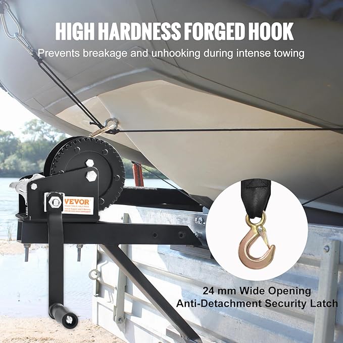 VEVOR Boat Winch, 2000 lbs Capacity Hand Boat Trailer Winch Heavy Duty Rope Crank with 23 ft Polyester Strap and Two-Way Ratchet, Manual Operated Hand Crank Winch for Trailer, Boat or ATV Towing