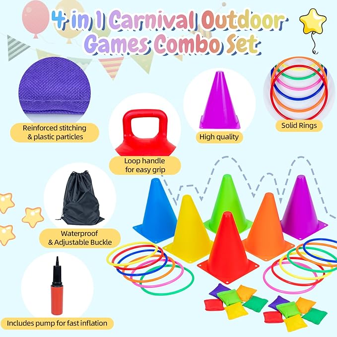 Carnival Outdoor Games Combo Set for Kids, Soft Plastic Cones Bean Bags Ring Toss Game, Activity Agility Set,Field Day Family Reunion Yard Lawn, Birthday Party Easter, Spring Fall Game