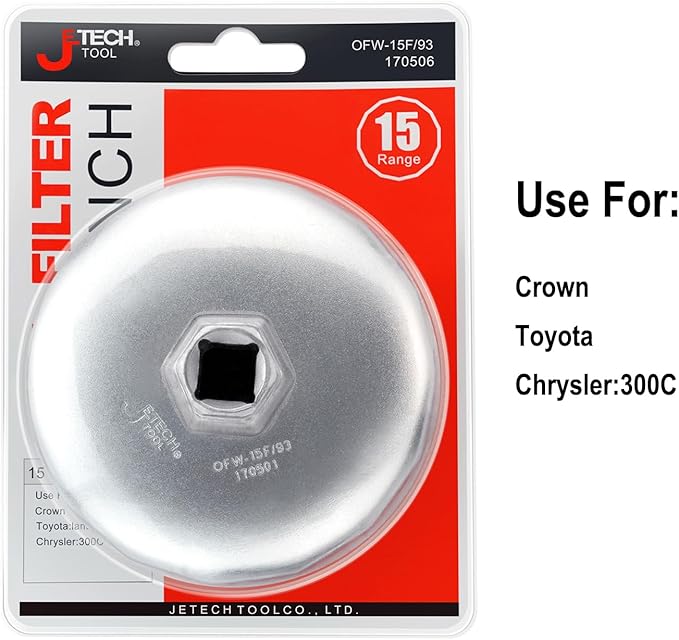 Jetech Oil Filter Cap Wrench 93mm x 15 Flute, Cartridge Type Socket Removal Tool with 15 Flutes and 93mm Inner Diameter compatible