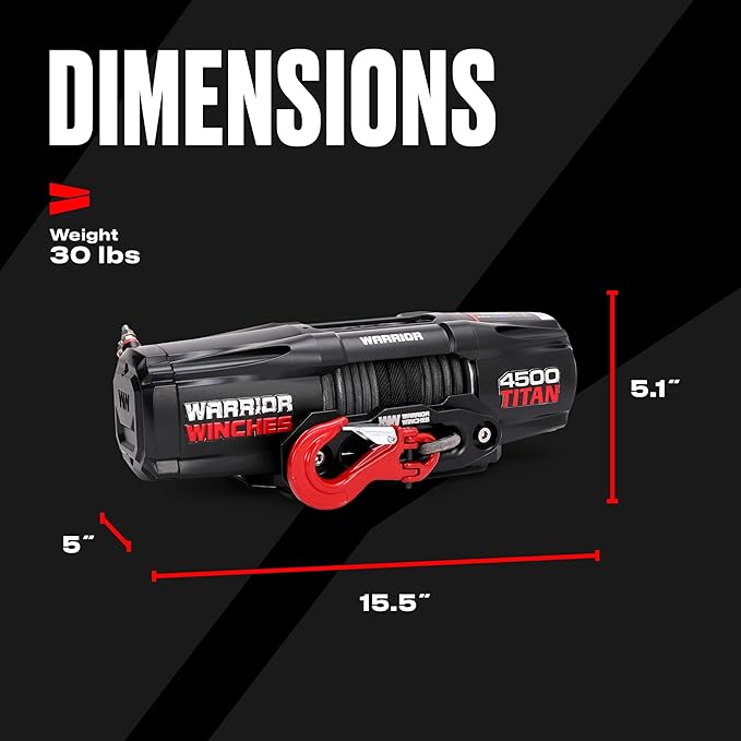 Warrior Winches - Titan 4,500lb Synthetic Rope Electric Winch – 12V, 3.4HP Motor, 166:1 Planetary Gear, Wired/Wireless Remote, Manual Clutch, Spring Brake, ATV/UTV Winch