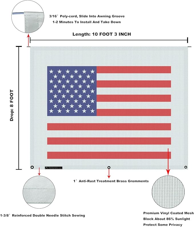 Tentproinc RV Awning Sun Shade Screen 8' X 10' 3'' (American Flag) Gray Mesh Sunshade Camper Trailer Awning Shade Screen UV Blocker Completed Kits