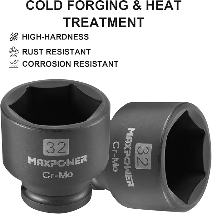 MAXPOWER 1/2 Inch Drive 32mm Standard Impact Socket, Made with Heat-Treated Chrome Molybdenum Steel, 6-Point Design, Metric