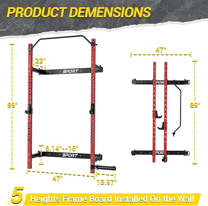 Folding Squat Rack for Home Gym, 2.36" x 2.36" Folding Power Rack with Pull Up Bar, J Hooks and Landmine Attachments, 1000 LBS Capacity Wall Mounted Squat Rack, Space Saving Weight Cage