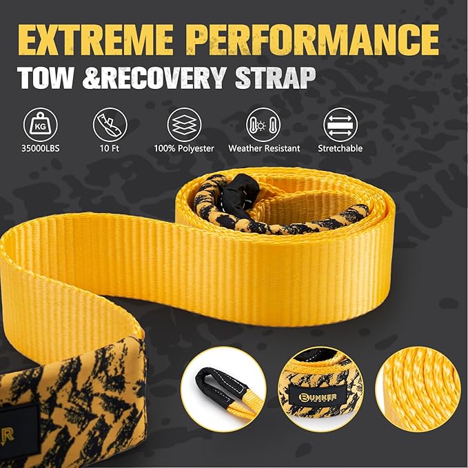BUNKER INDUST Heavy Duty Tow Strap, 3" x 10ft Tree Saver Winch Strap 35,000 lbs Recovery Straps - Emergency Vehicle Off Road Towing Rope (Bag Not Include)