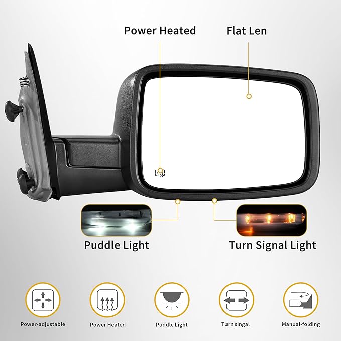 DWVO Right Passenger Side Mirror fit 09-16 Dodge Ram 1500, 10-16 Ram 2500 3500 4500 5500, Door Mirror with Power Adjustable Heated Led Turn Signal Puddle Light