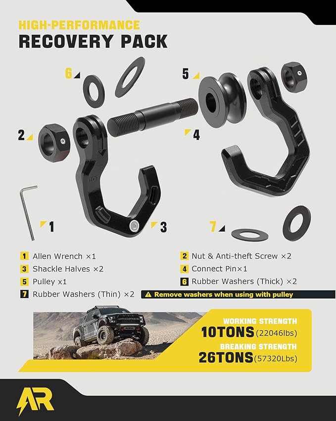 Snatch Block Separate Shackle, 3/4" D Ring Shackle with Pulley, 57320lbs Break Strength, Towing Winch Snatch Block for Off Road Vehicle Recovery, Black Black 1-Pack