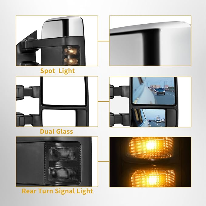 DWVO Towing Mirrors for 1999-2007 Ford F-250 F-350 F-450 F-550 Super Duty Trucks | LED Turn Signal Power Adjustable Heated Telescoping Chrome Finish