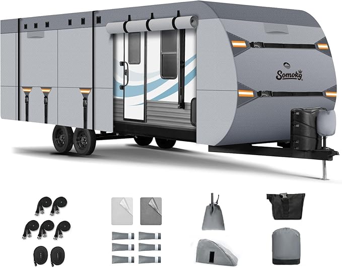 Upgrade 7-Layer Heavy Duty RV Cover 27-30 FT | Fits RVs with Roof Top A/C | All-Weather Travel Trailer RV Cover for Snow & Wind Protection | Rip-Stop Camper Cover with 5+2 Straps