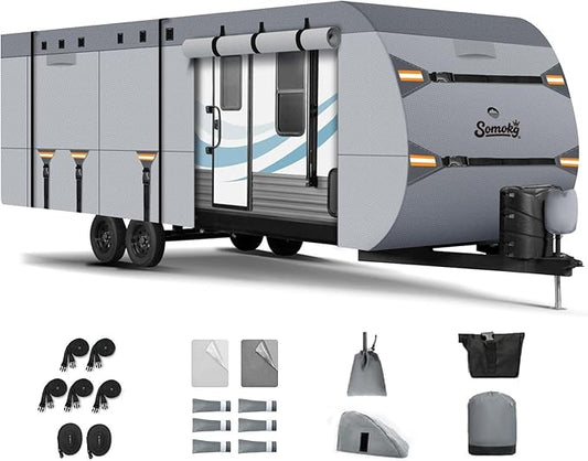 Upgrade 7-Layer Heavy Duty RV Cover 22-24 FT | Fits RVs with Roof Top A/C | All-Weather Travel Trailer RV Cover for Snow & Wind Protection | Rip-Stop Camper Cover with 5+2 Straps