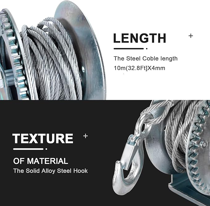 Heavy Duty Hand Winch 1200 lbs with 32 ft Steel Wire Rope, Hand Crank Strap Gear Winch with Steel Wire, for ATVs Boats Trailers Trucks Auto Marine