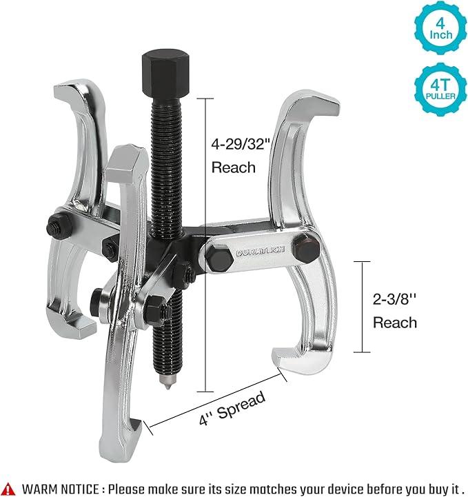 DURATECH 4-Inch 3-Jaw Gear Puller, Removal Tool for Gears, Pulleys, Bearings and Flywheels, Fully Assembled, CR-V Steel