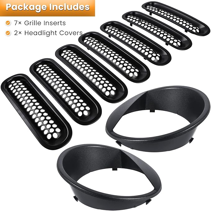 Front Grille Mesh Inserts & Headlight Cover for Jeep Wrangler JK JKU Sport Freedom Rubicon Sahara Unlimited 2007-2018 Exterior Accessories Clip-in Grille Guard Headlight Bezels Trim (Matte Black)