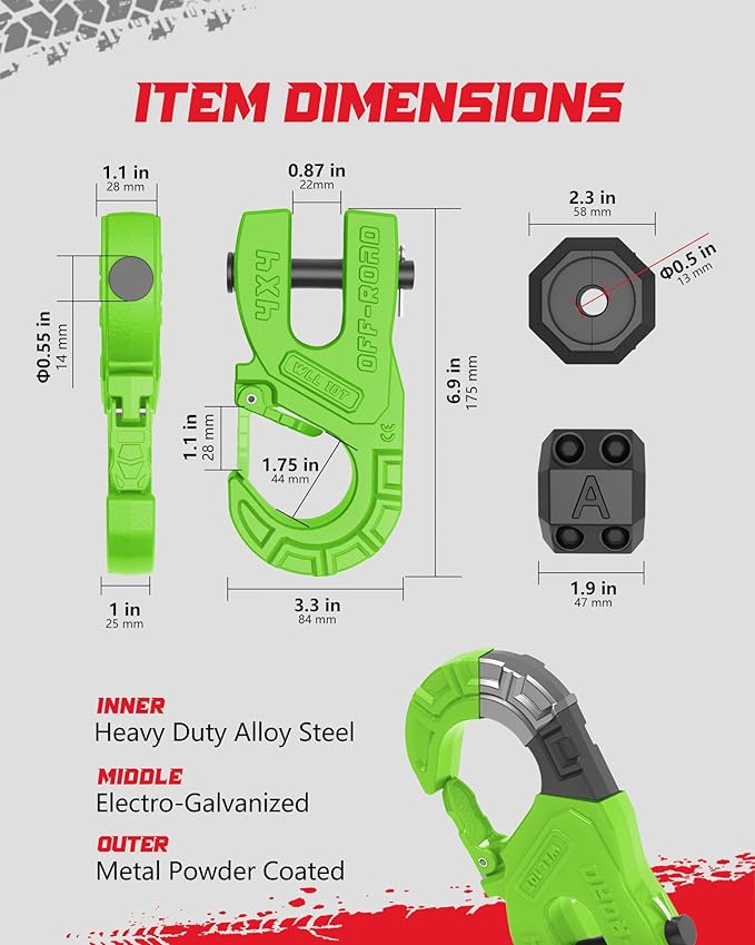 3/8" Tow Winch Hook with Cable Stopper, 10T Winch Hook, Upgrade Heavy Duty Forged Steel Winch Hook, 31967lbs Max Strength, Clevis Clip Hook Set for Synthetic Rope, Off-Road Vehicle, Green