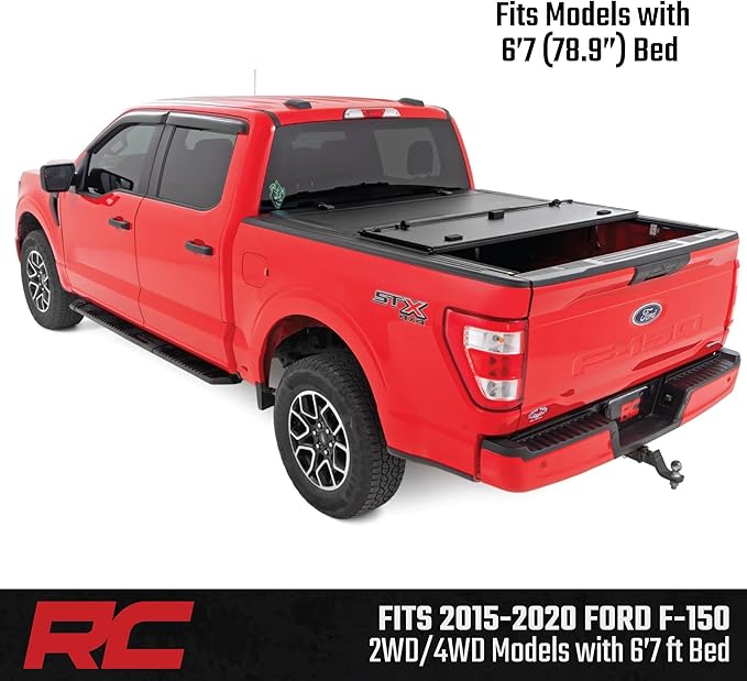Rough Country Hard Flip-Up Truck Bed Tonneau Cover for Ford F-150 (2015-2020) - Aluminum Tri-Fold Bed Cover