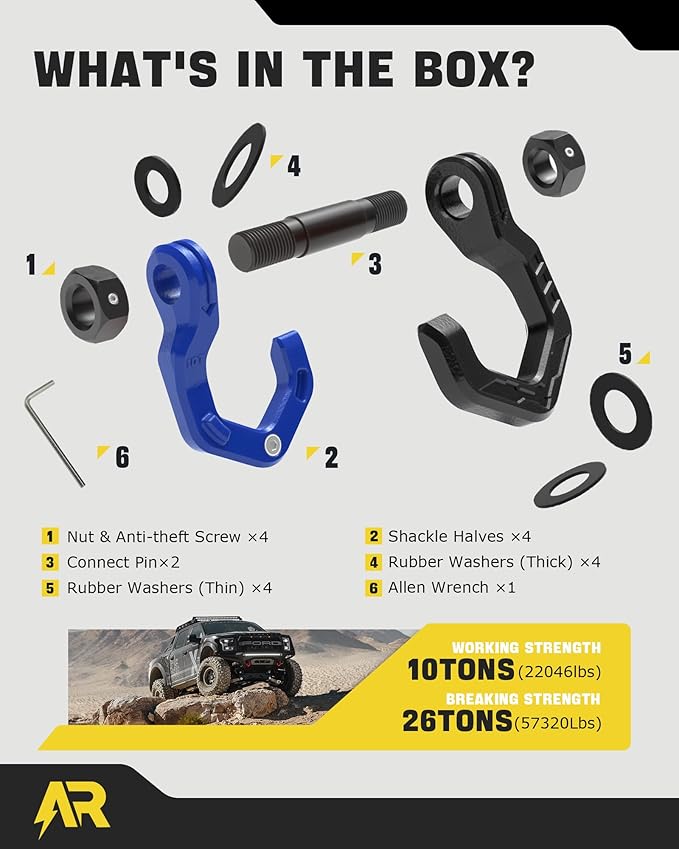 D Ring Shackles, 3/4" Separate Shackles with 7/8" Pin, Heavy Duty Recovery Shackle 57320lbs Break Strength, 4x4 Off-Road Recovery Towing Winch Shackles for Trucks, Black Blue 2-Pack