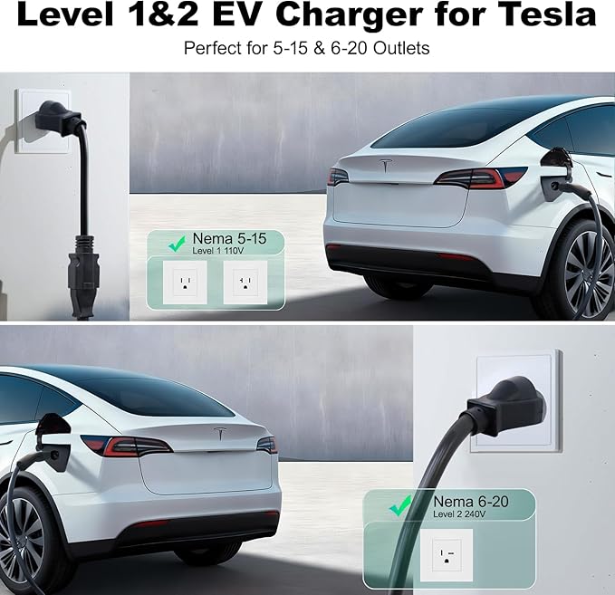 Level 1/2 EV Charger for Tesla 16Amp, Electric Vehicle Portable Charger with 28FT Cable, 3.5KW Home EV Charging Station for J1772 Electric Cars,110V-240V, NEMA 6-20 & NEMA 5-15 Plug