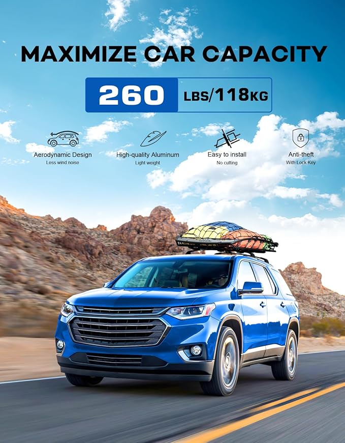 Lockable 260lbs Roof Rack Cross Bars Compatible with Chevy Chevrolet Traverse 2018 2019 2020 2021,All-Metal Aluminum Heavy Duty Roof Rails Crossbars Cargo Canoe Black Rooftop Luggage.