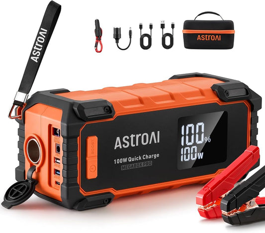 AstroAI Car Battery Jump Starter 6000A Peak 27000 mAh Portable Charger and Jumper Cables for All Gas/12.0L Diesel Lithium Car Jump Starter Battery Pack Cables, 100W Fast Charging