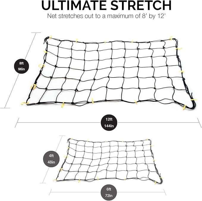 NEIKO 50971A 4'x6' Super Duty Small Cargo Net¸ Bungee Cargo Net, 16 Pcs Detachable hooks, 4 Carabiners, Small 4"x4" Mesh Protects Small Items, Cargo Net For SUV, ATV/UTV, RV, Pickup Truck Bed, Trailer