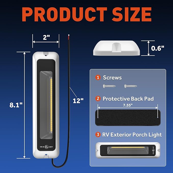 LED RV Exterior Porch Light, 8 Inch 15W 1200LM High Brightness, 10-30V DC, IP68 Waterproof Aluminum Housing for RVs, Trailers, Boats & SUV (White Light 6000K)