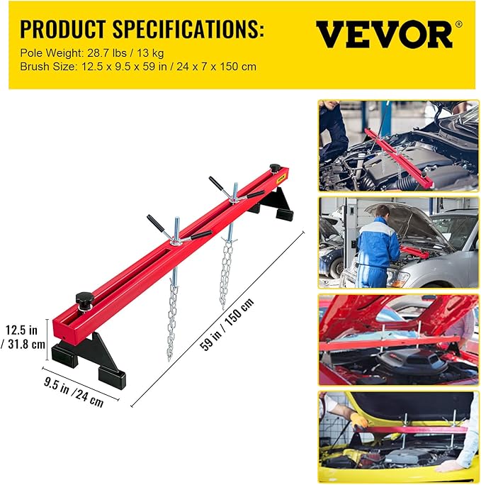 VEVOR Engine Support Bar 1100 Lbs Capacity Engine Transverse Bar Engine Hoist 2 Point Lift Holder Hoist Dual Hooks, Engine Hoist Keeps Engine Stable for Home Garages & Auto Repair Shop