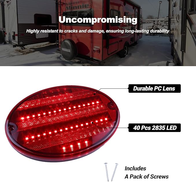 Oval LED Tail Lights 8.5" Length 40LEDs Red LED Brake Stop Turn Tail Lights Surface Mount for Trailer RV Camper Motorhome Airstream, Pack of 2