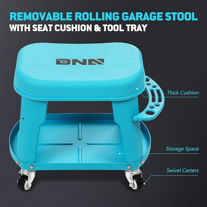 DNA Motoring Removable Rolling Garage Stool with Seat Cushion & Tool Tray Plate, 300lbs Max Weight Capacity, Blue, TOOLS-00479
