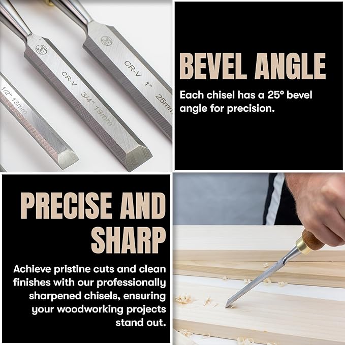 Mt Diablo Woodworking Tools 4 Piece Chisel Set - Premium CV60 Steel Wood Chisel Sets with Ergonomic Handles, Includes 1/4" 1/2" 3/4" 1" Widths - Ideal for Woodworkers - Durable Waxed Canvas Tool Roll