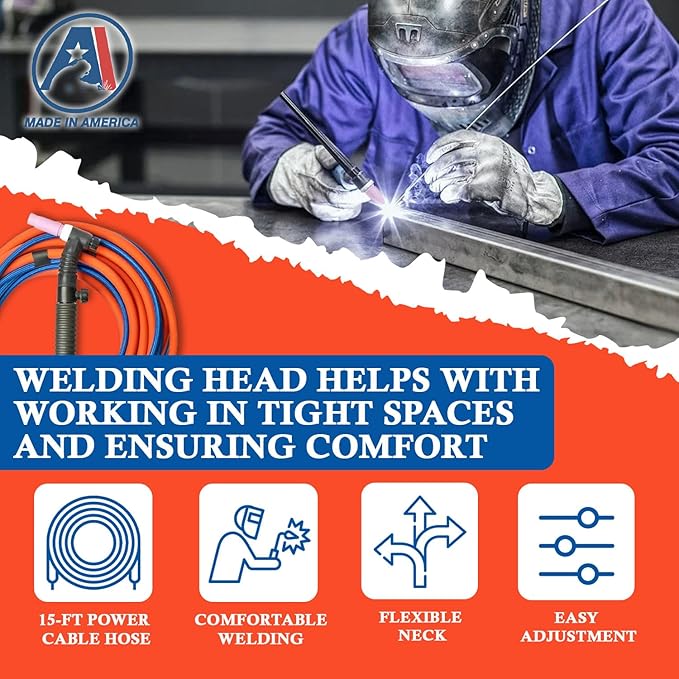 200Amp Air-cooled WP-26FV Tig Welding Torch Flex Head - Complete Package with 15-ft Power Cable Hose, Gas Lens, Ceramic Cup, Power Cable Connector and Torch Accessories