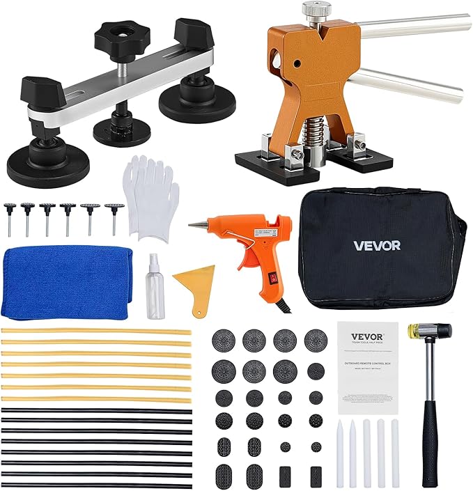 VEVOR Dent Puller Kit, 60 PCS Paintless Dent Removal Kit with Golden Lifter, Bridge Puller, Rubber Hammer, Glue Gun, Auto Body Hail Damage Repair Remover Tools for Car Refrigerator Door Ding Repair