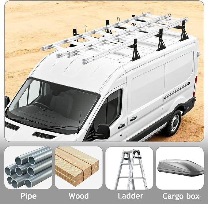 hightall Van Ladder Rack,Adjustable Length 50-61" Van Roof Rack with Cargo Stoppers,Compatible with Ford Transit150/250/350