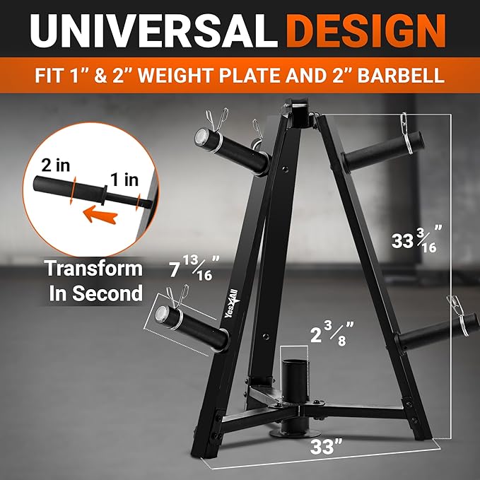 Yes4All 6 Pegs & 4 Barbell Storage Racks Load Up to 1190 LBS - Wall Mounted Weight Plate Tree & Barbell Holder