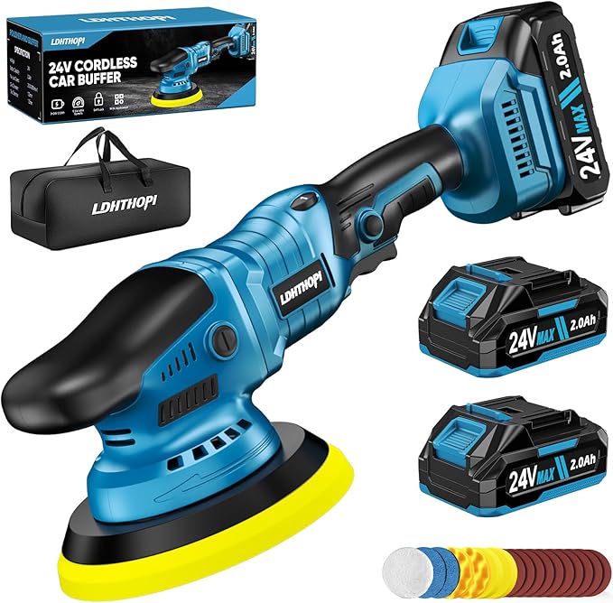 LDHTHOPI Cordless Buffer Polisher with 2×2000mAh Battery, 10000RPM 1600W High Power Car Polishing Kit with 6 Variable Speed, 23PCS Polishing Accessories for Car Polishing Waxing Detailing