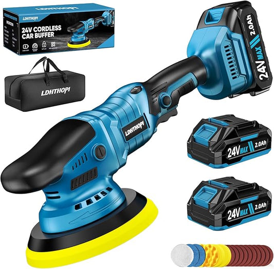 LDHTHOPI Cordless Buffer Polisher with 2×2000mAh Battery, 10000RPM 1600W High Power Car Polishing Kit with 6 Variable Speed, 23PCS Polishing Accessories for Car Polishing Waxing Detailing
