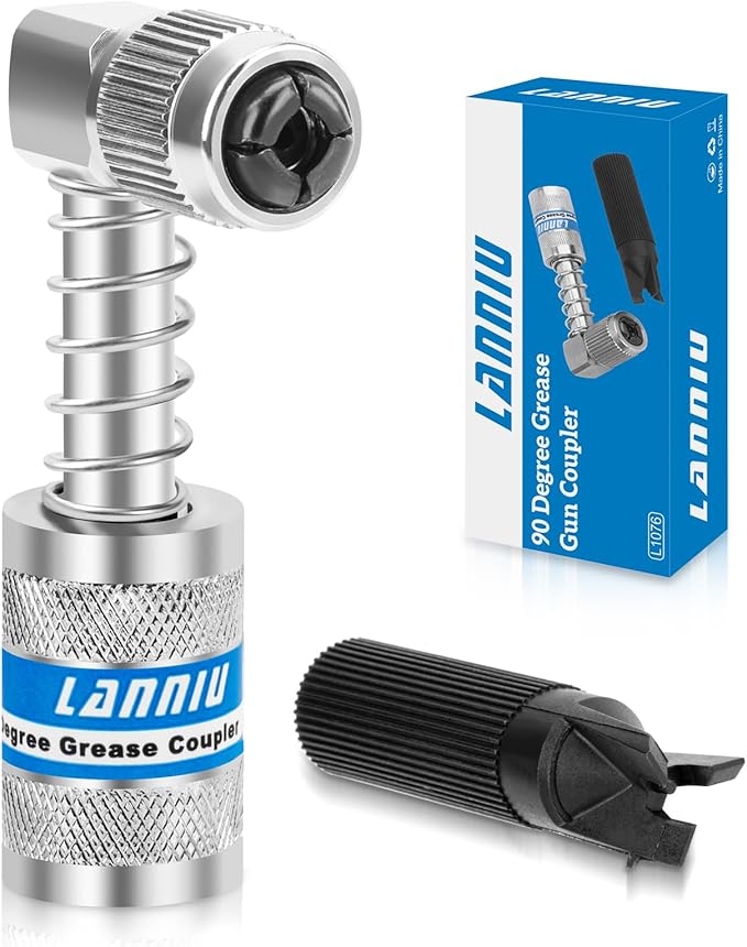 90 Degree Grease Gun Coupler - Upgraded 4-Jaw Quick Release Lock on Grease Coupler Adapter for Tight Spaces, 10,000 PSI High Pressure Heavy Duty Right Angel Grease Gun Tips