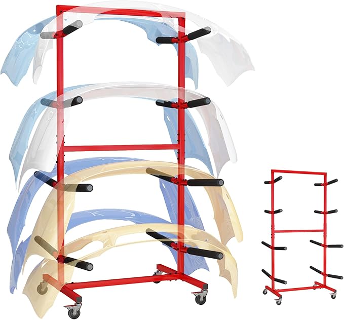 biosp Double Sided Mobile Bumper Storage Rack Floor-Standing with Lockable Wheels, Store and Organize 6 Painted Bumpers, Length Adjustable, Automobile Parts Accessories, 41.02''D x 49.29''W x 80''H