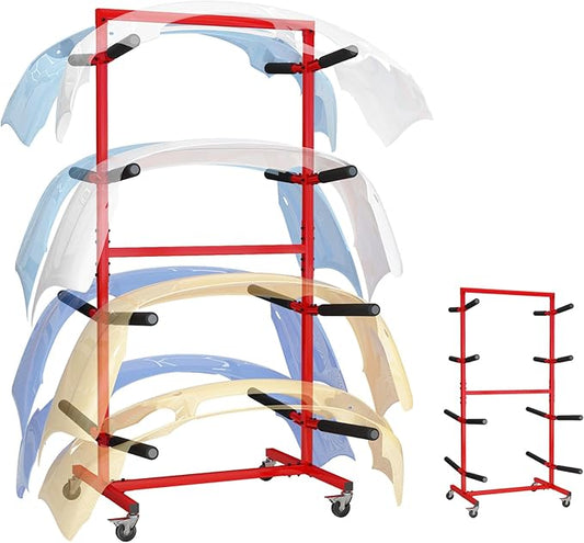 biosp Double Sided Mobile Bumper Storage Rack Floor-Standing with Lockable Wheels, Store and Organize 6 Painted Bumpers, Length Adjustable, Automobile Parts Accessories, 41.02''D x 49.29''W x 80''H