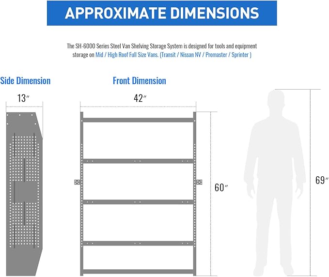 AA Products SH-6004(2) Steel Mid/High Roof Van Shelving Storage System Fits Transit, NV, Promaster and Sprinter, Set of 2 Van Shelving Units, 42''W x 60''H x 13''D