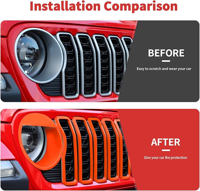 Front Grill Insert+ Headlight Bezels Cover Kit Compatible with 2024-2025+ Jeep Wrangler JL JLU & Gladiator JT, Not Fit for JL Sport & Sports(Orange,Style A)